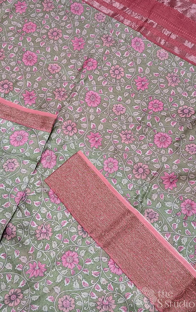 Green chanderi cotton saree with floral prints