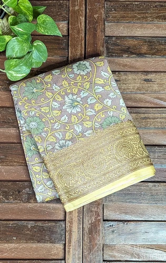 Light brown chanderi cotton saree with contrast border