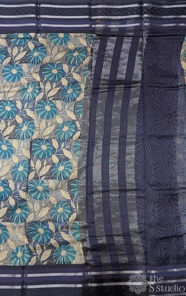 Grey and blue chanderi cotton saree with blue border