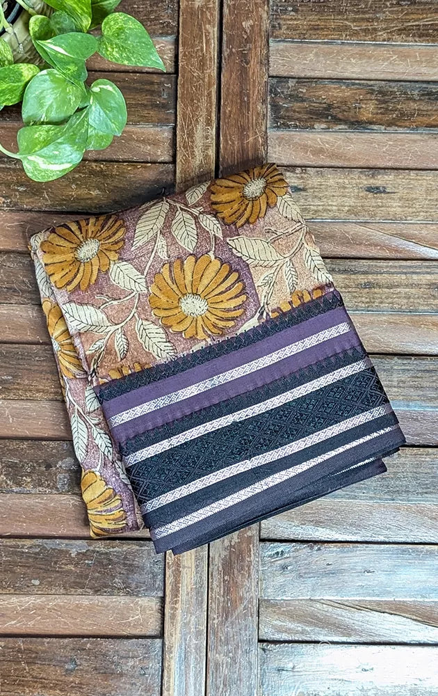 Brown and purple chanderi cotton saree with floral prints