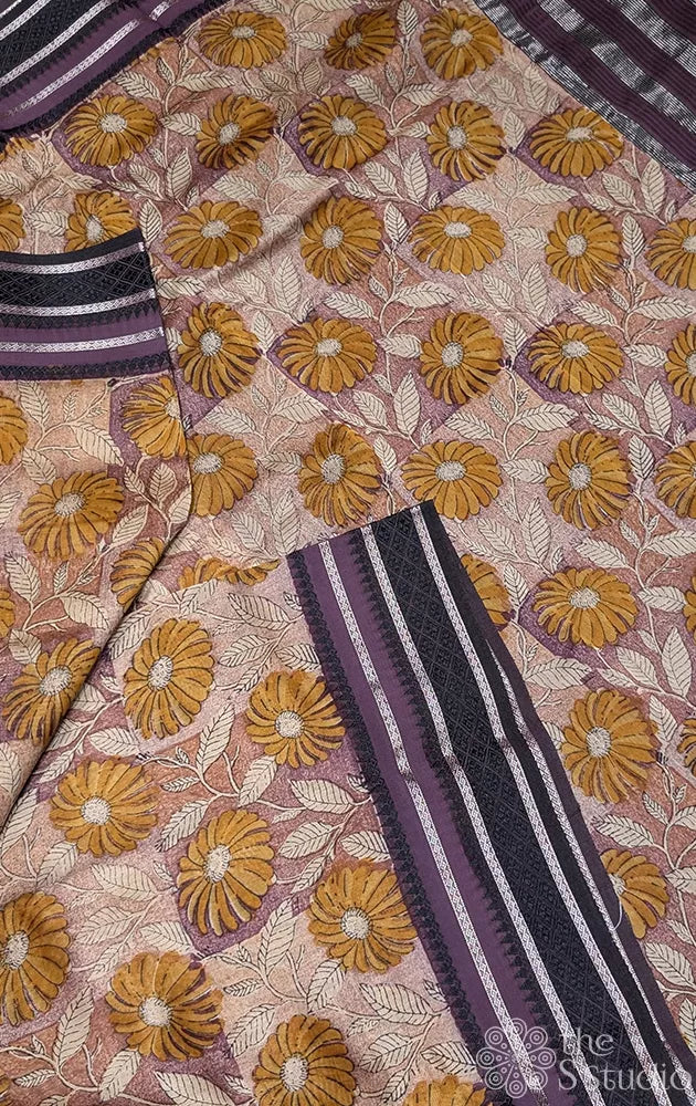 Brown and purple chanderi cotton saree with floral prints