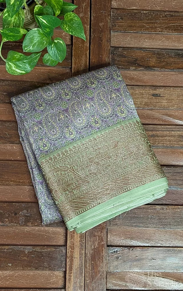 Grey and lavender chanderi cotton saree with paisely prints