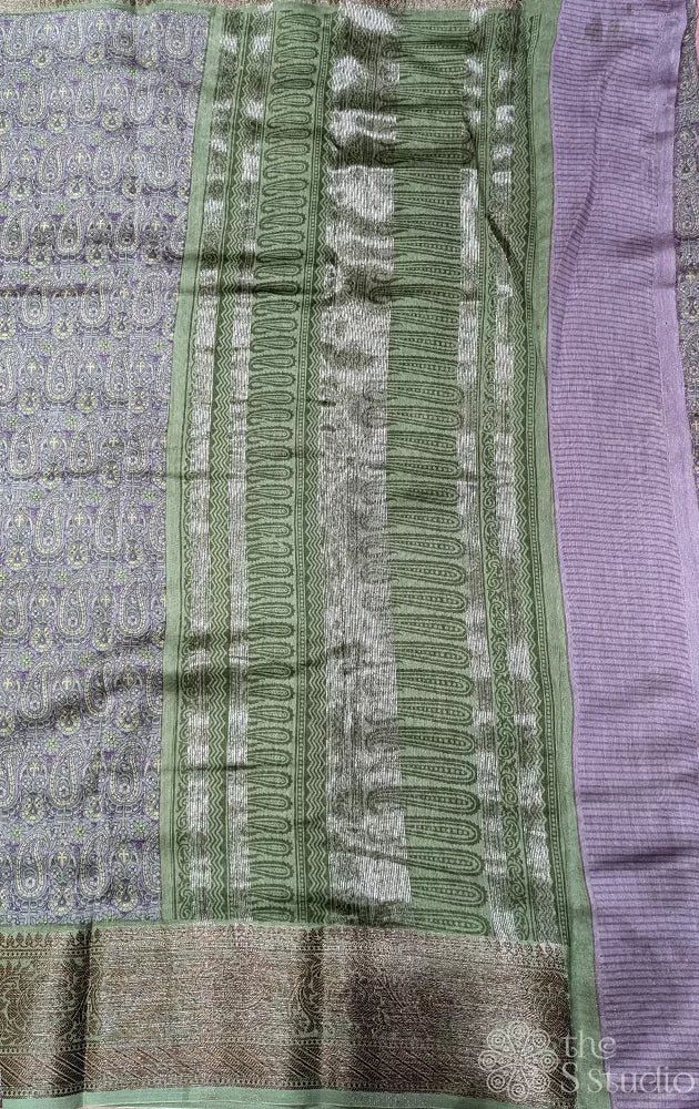 Grey and lavender chanderi cotton saree with paisely prints