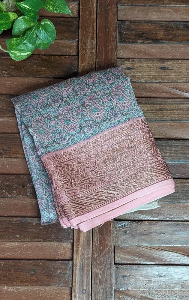 Grey and pink chanderi cotton saree with antique border