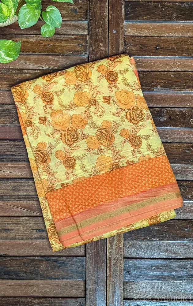 Yellow chanderi cotton saree with floral prints
