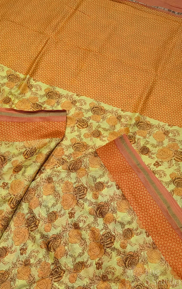 Yellow chanderi cotton saree with floral prints