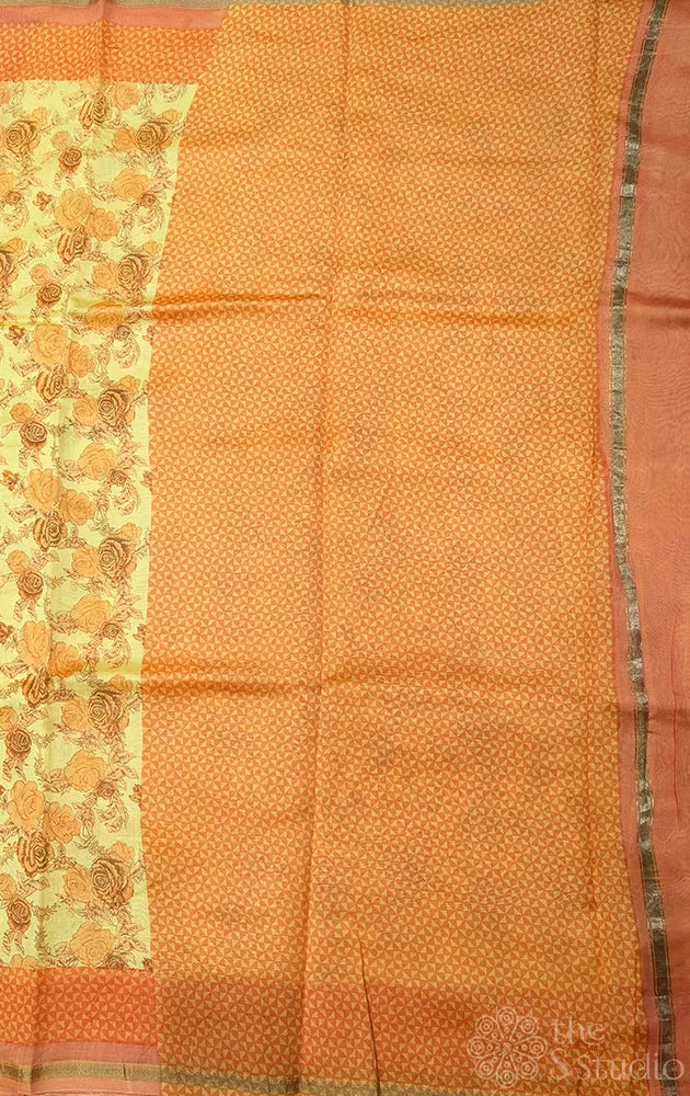 Yellow chanderi cotton saree with floral prints