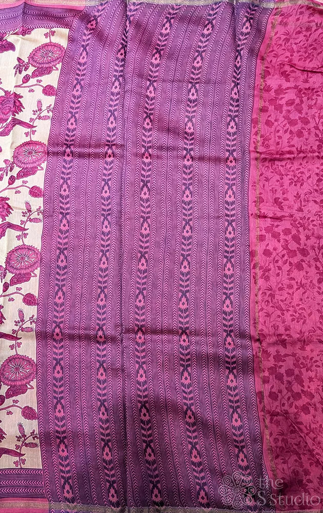 Off white chanderi cotton with purple floral prints