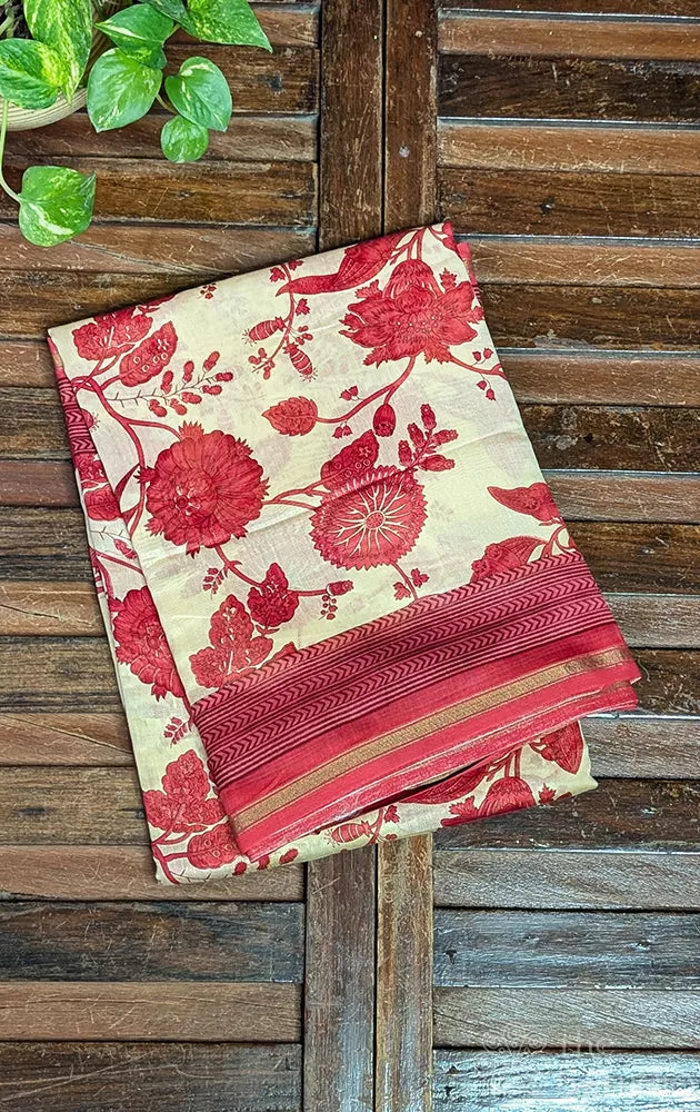 Off white chanderi cotton with red floral prints