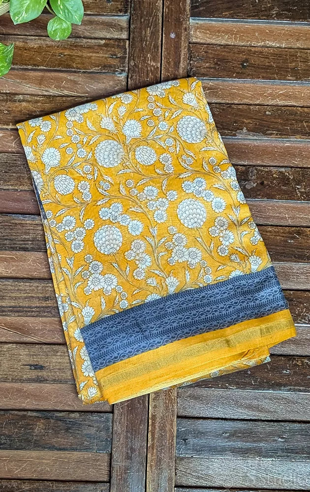 Yellow chanderi cotton saree with small floral prints