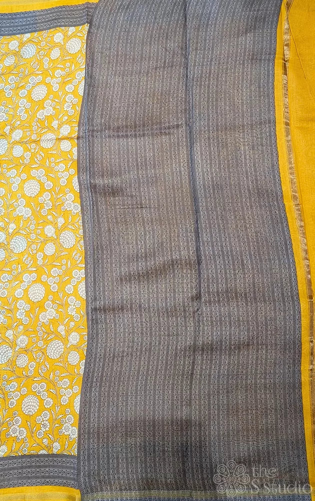 Yellow chanderi cotton saree with small floral prints