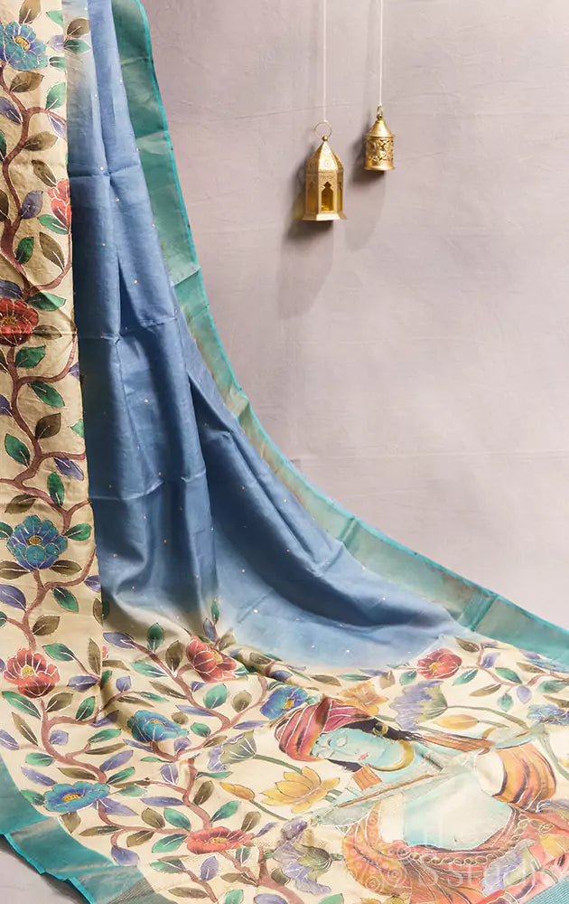 Blue  tussar silk saree with krishna hand painted on the pallu
