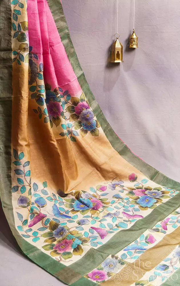 Pink and Light brown tussar silk saree with floral hand painting