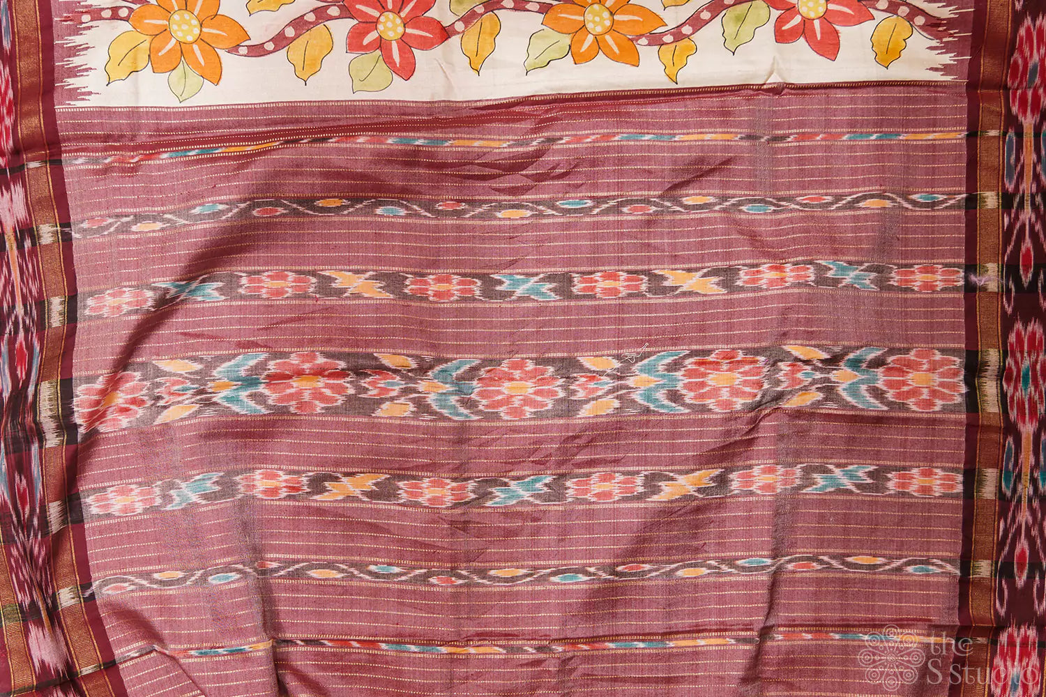 Offwhite tussar silk hand painted saree with brown vidarbha border