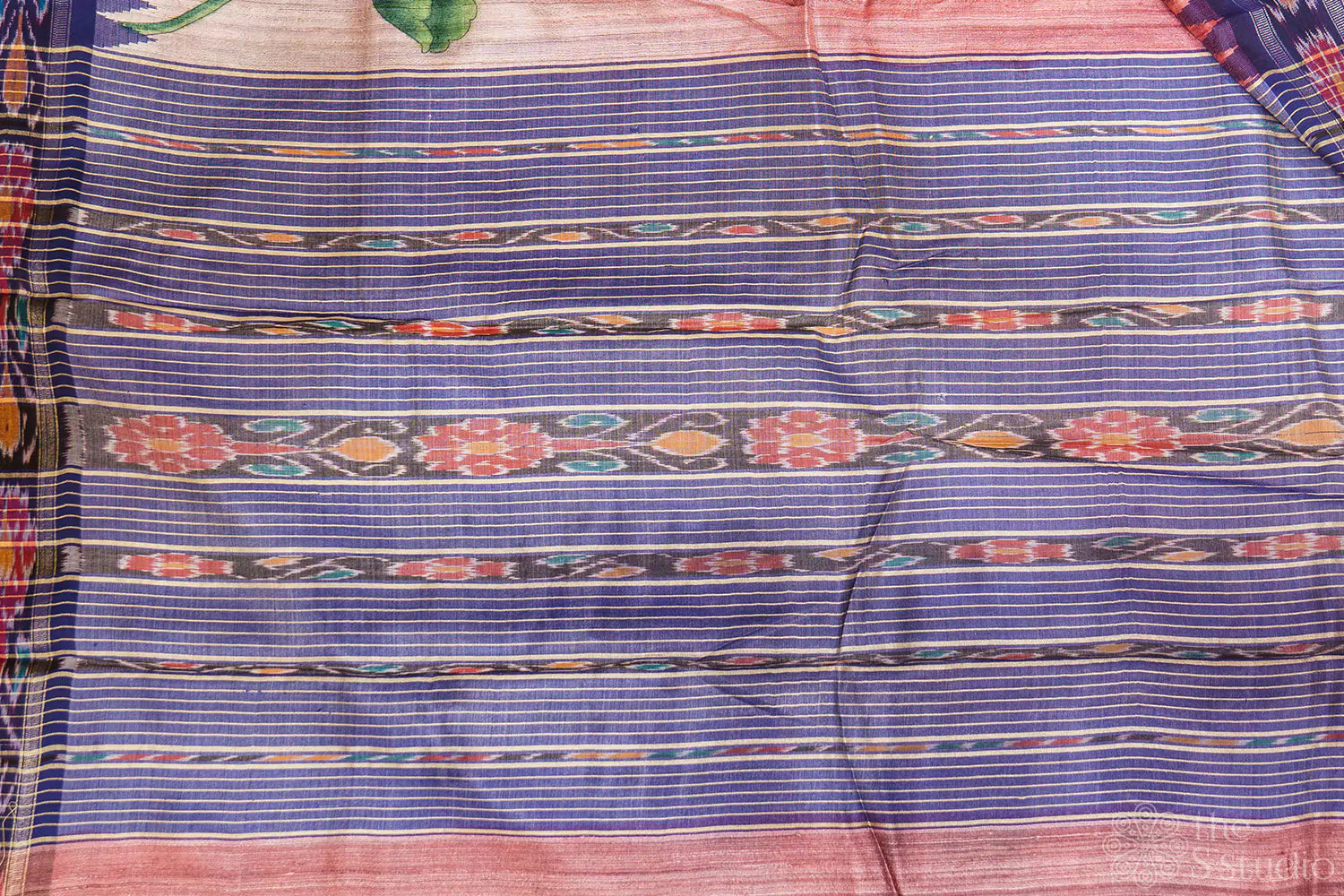 Pink and offwhite hand painted tussar silk saree with blue vidarbha border