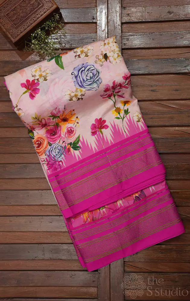 Light pink floral printed paithani silk saree