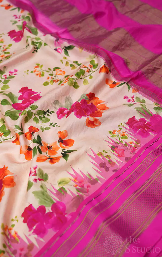 Light pink floral printed paithani silk saree