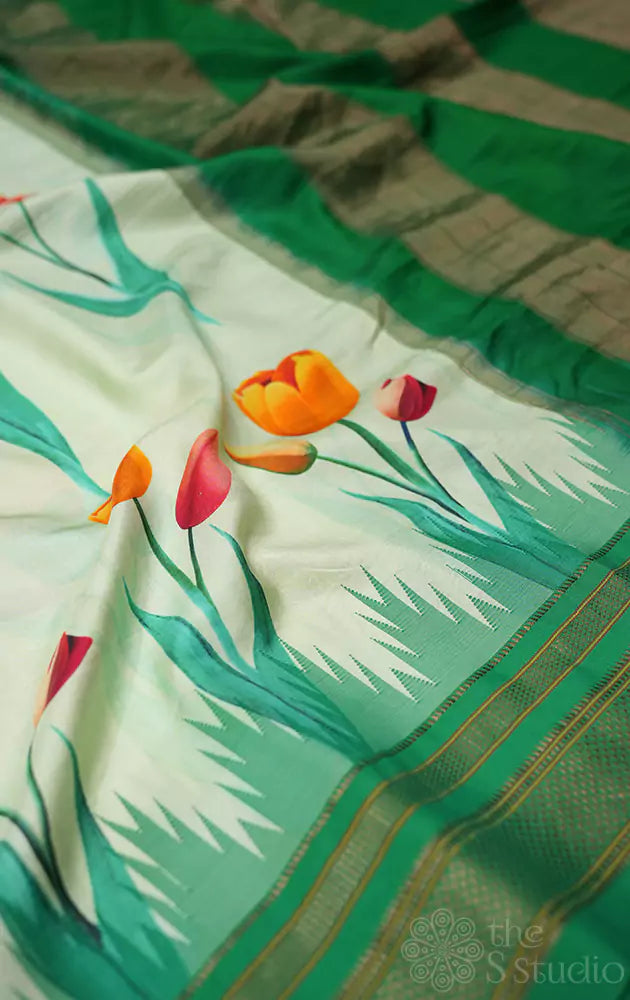 Light green floral printed paithani silk saree