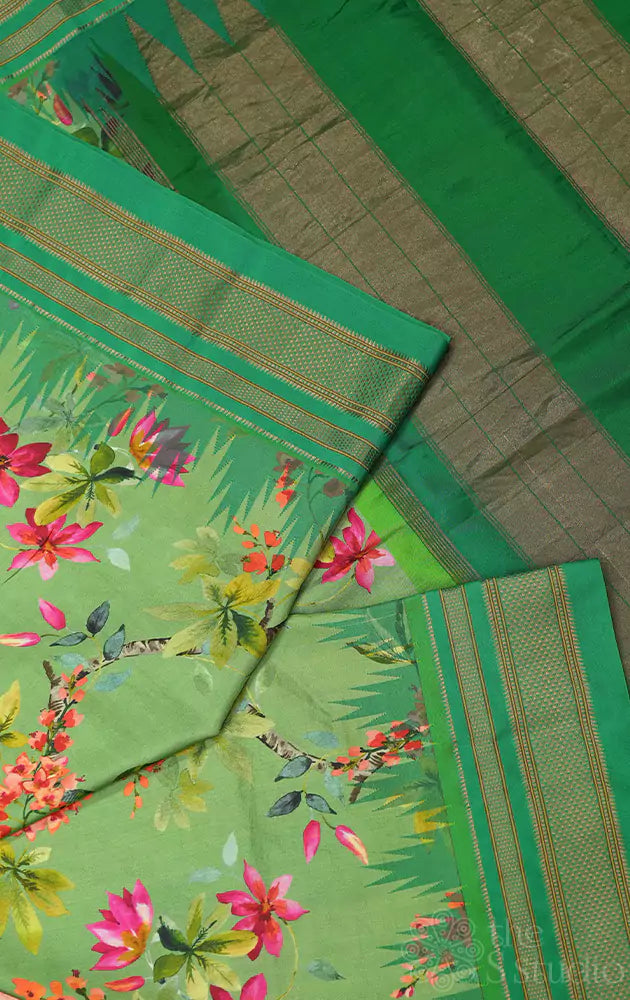 Green floral printed paithani silk saree