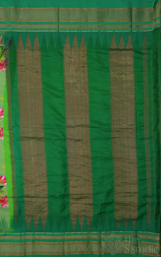 Green floral printed paithani silk saree