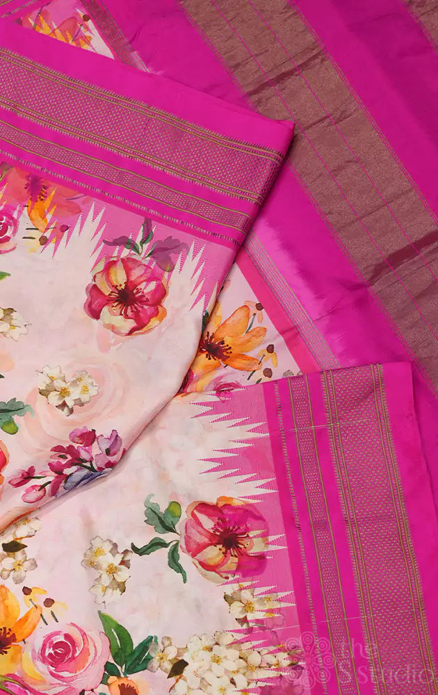 Light pink floral printed paithani silk saree with temple border