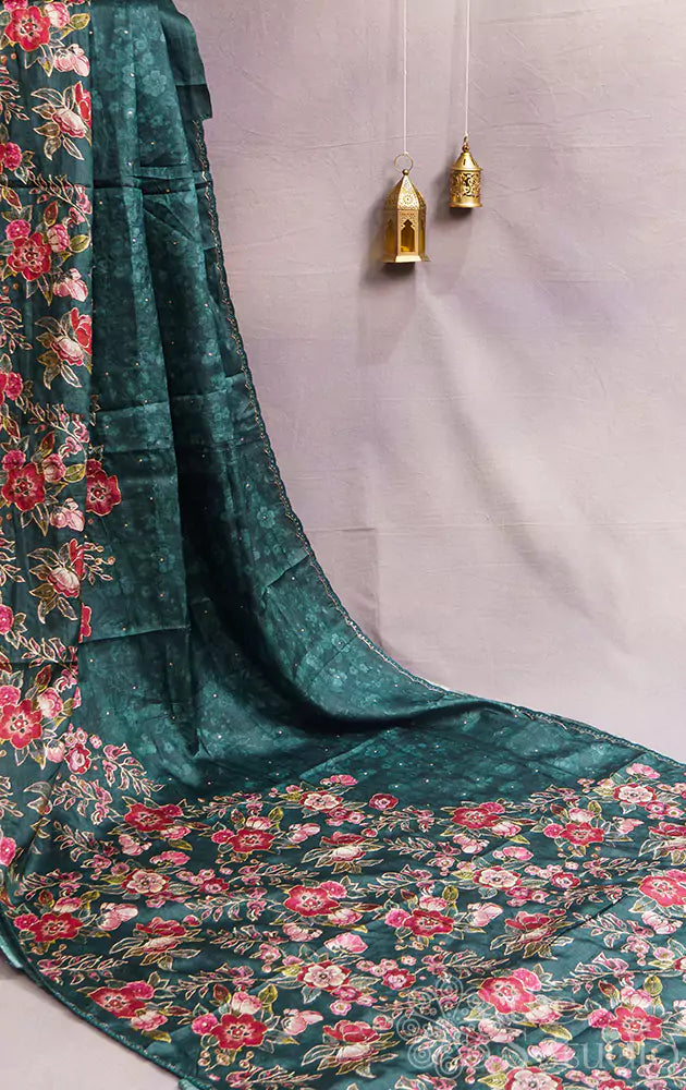 Green tussar silk saree with floral prints 