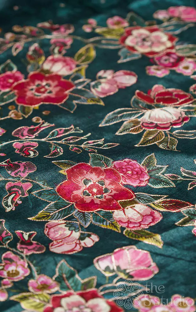 Green tussar silk saree with floral prints