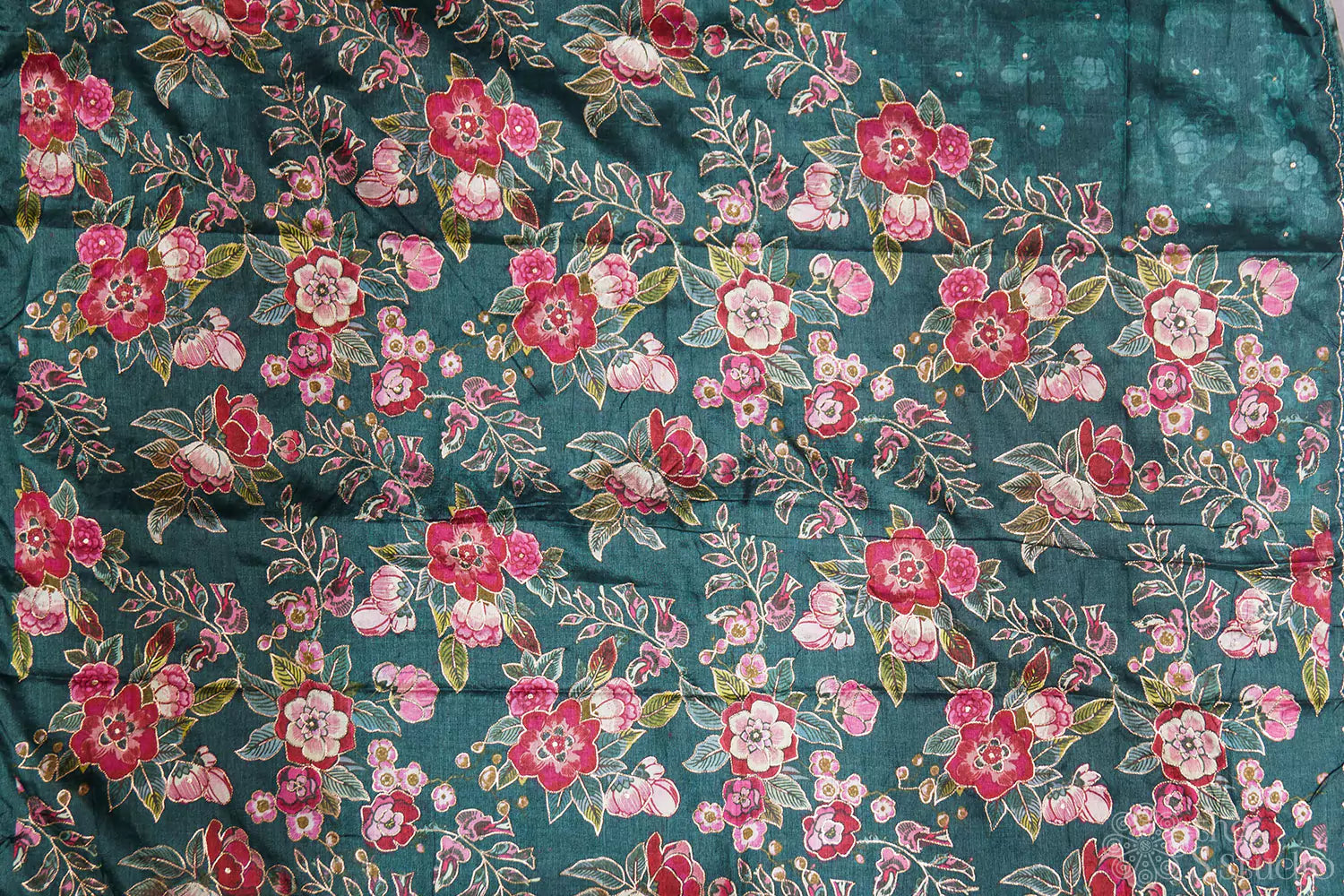 Green tussar silk saree with floral prints