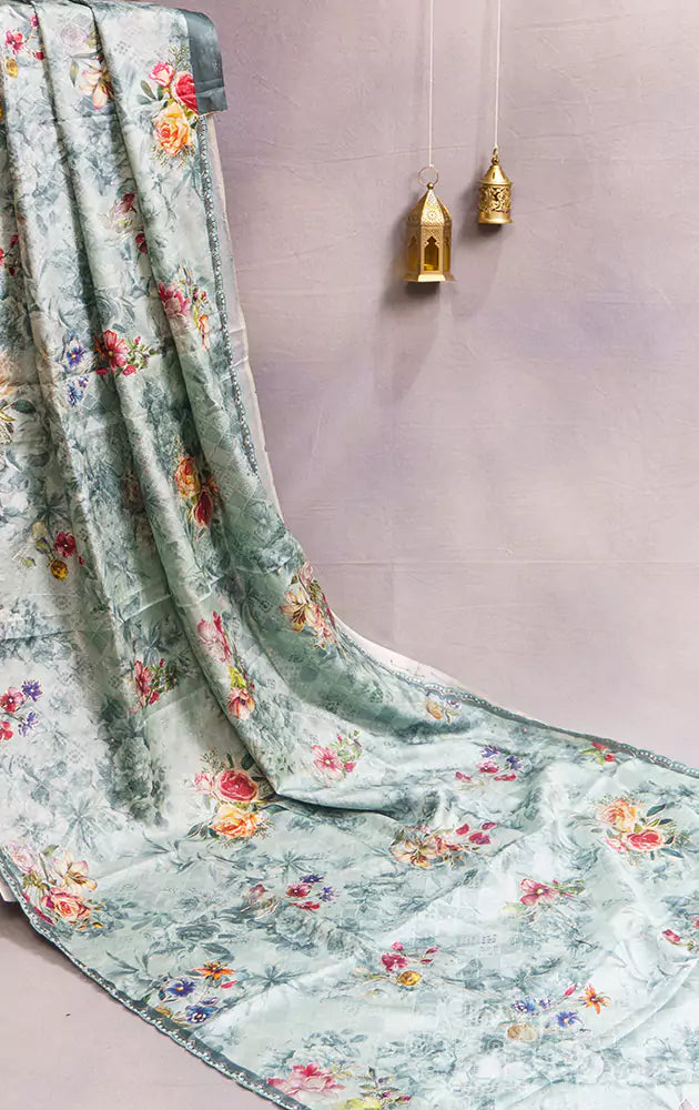 Light grey tussar silk saree with floral prints