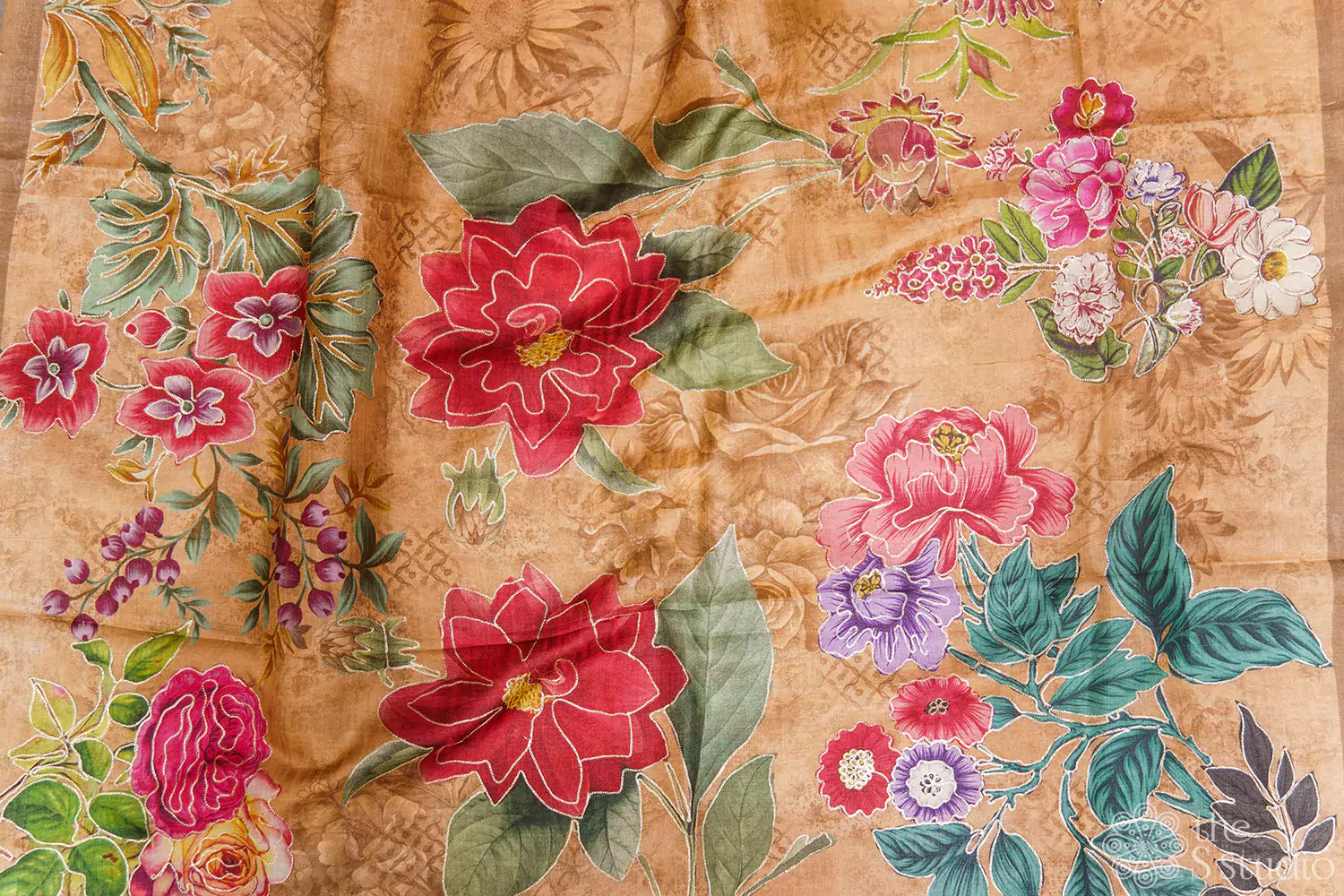 Brown tussar silk saree with floral prints