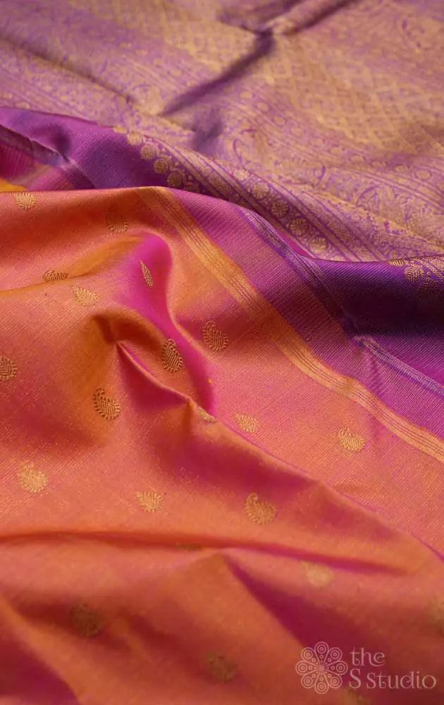 Peach vairaoosi kanjivaram saree with purple pallu