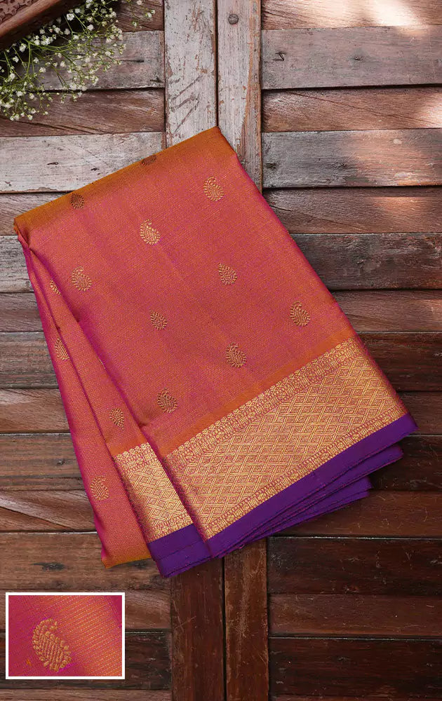 Peach vairaoosi kanjivaram saree with purple pallu