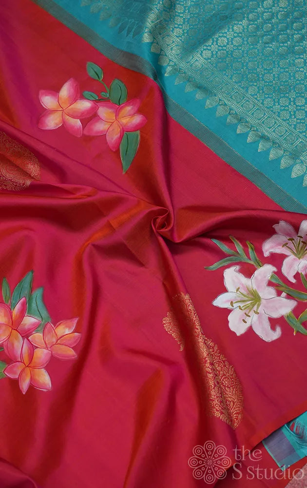 Peach borderless kanjivaram silk saree with hand painting