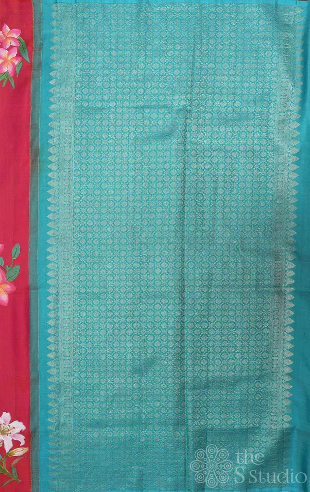 Peach borderless kanjivaram silk saree with hand painting