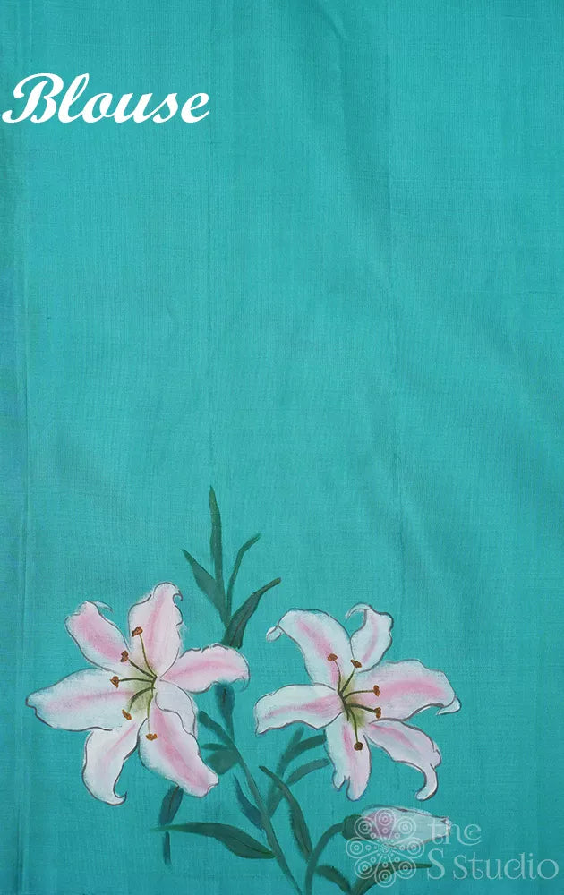 Peach borderless kanjivaram silk saree with hand painting