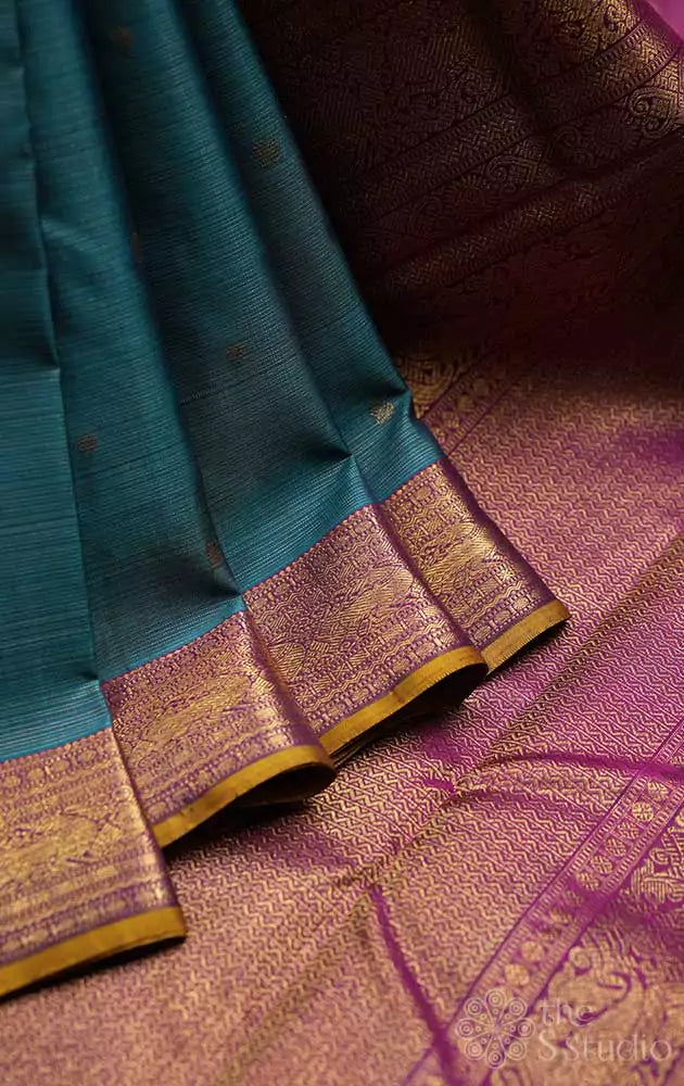 Rama blue vaira oosi kanchi silk saree with magenta pallu