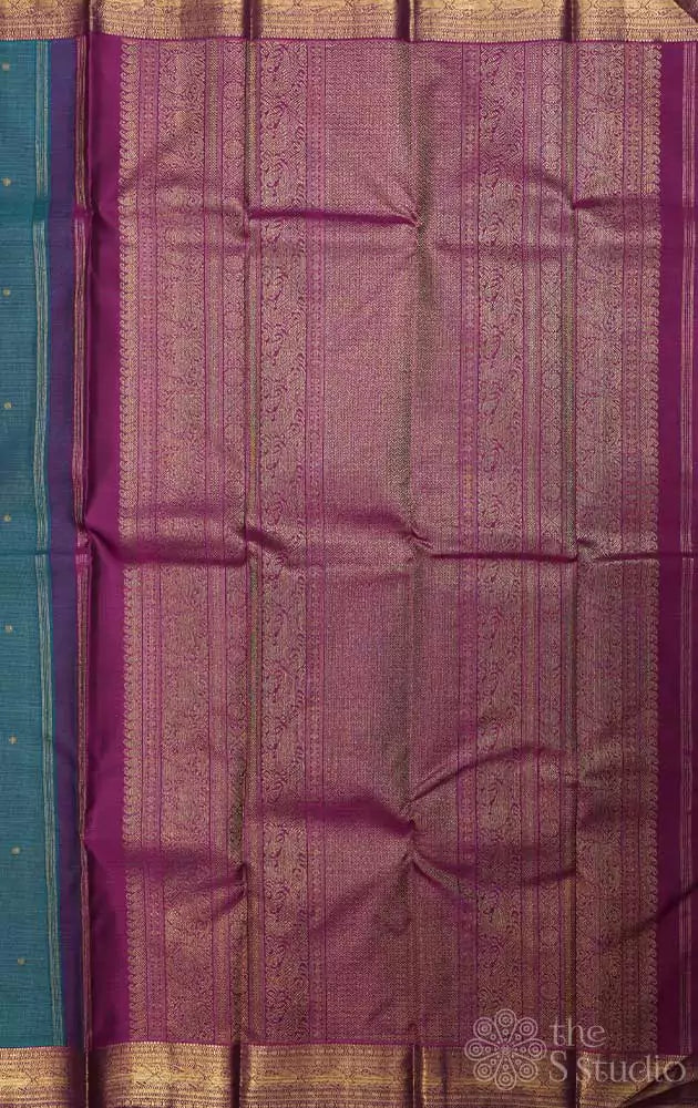 Rama blue vaira oosi kanchi silk saree with magenta pallu