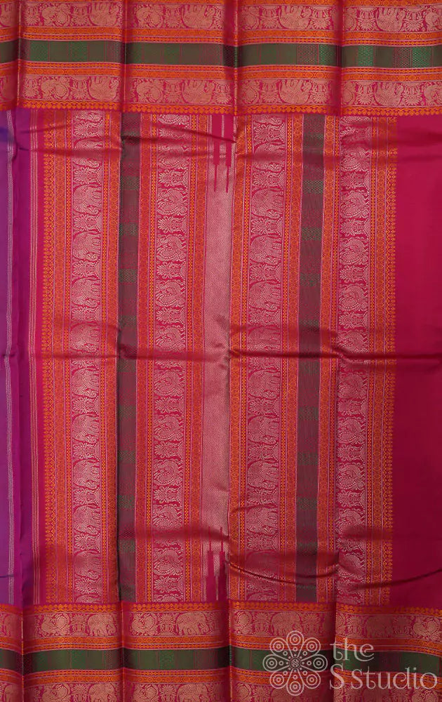 Purple thread work kanchi silk saree with orange border