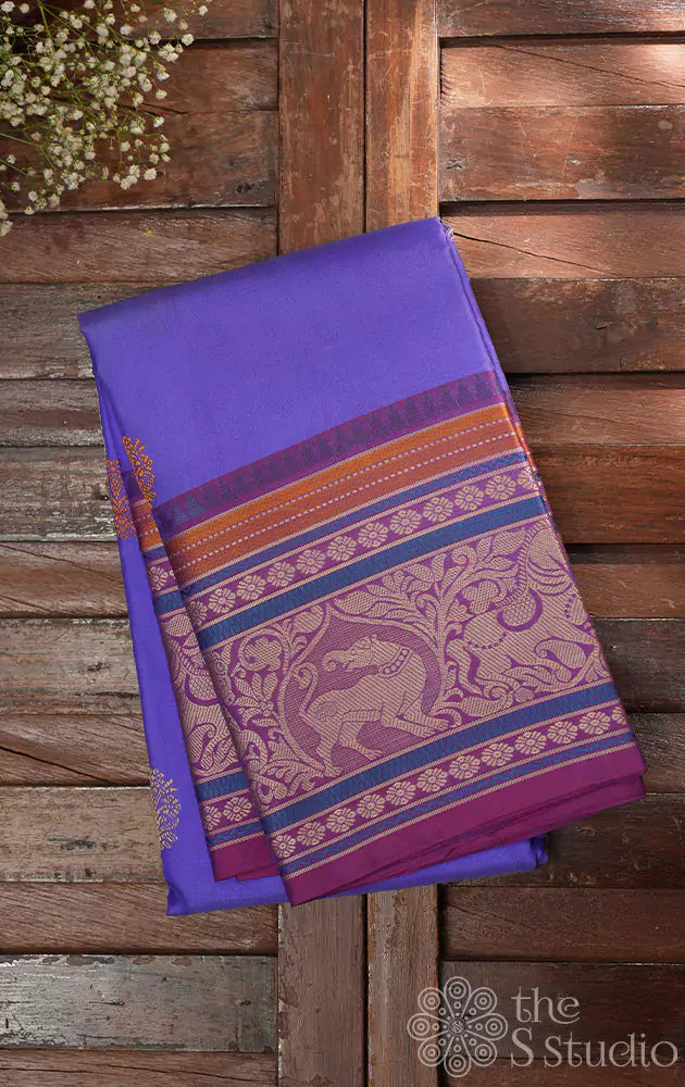 Bluish violet kanchipuram silk saree with Threadwork