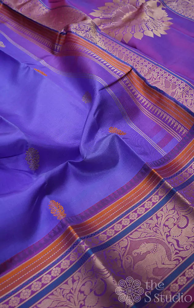 Bluish violet kanchipuram silk saree with Threadwork