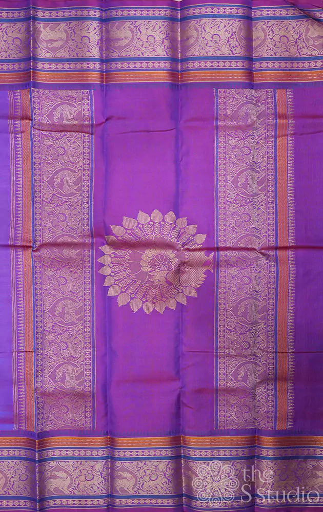 Bluish violet kanchipuram silk saree with Threadwork