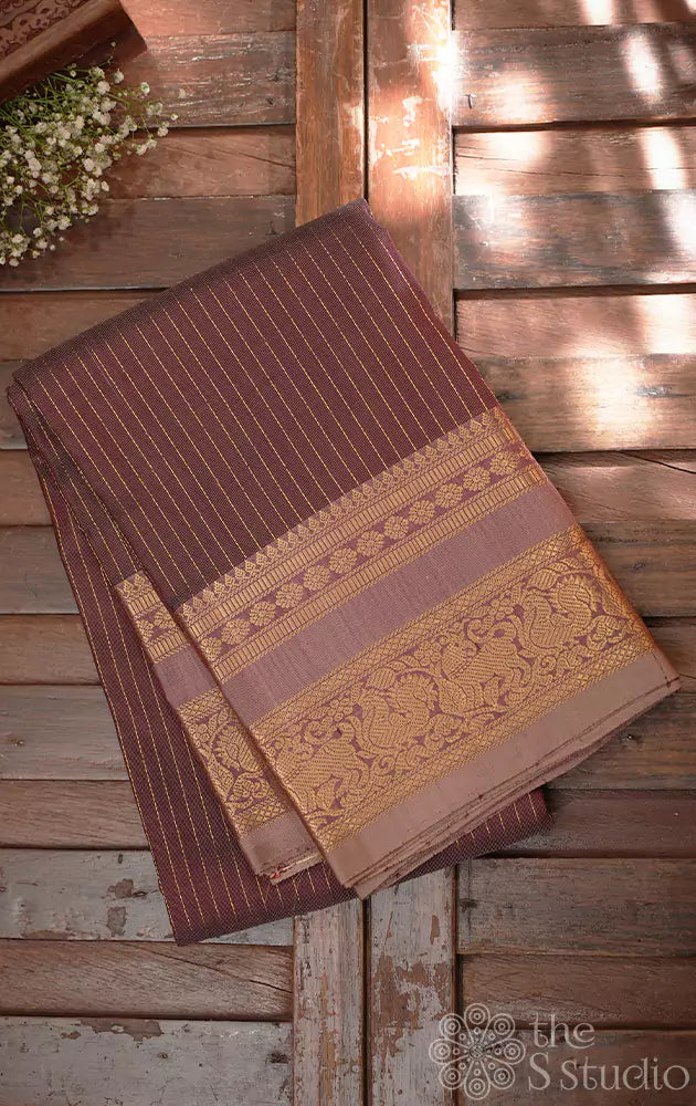 Cocoa brown kanchipuram silk saree with zari vertical lines and grey border