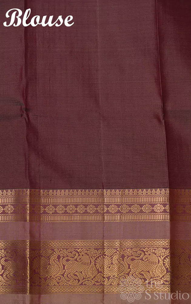 Cocoa brown kanchipuram silk saree with zari vertical lines and grey border