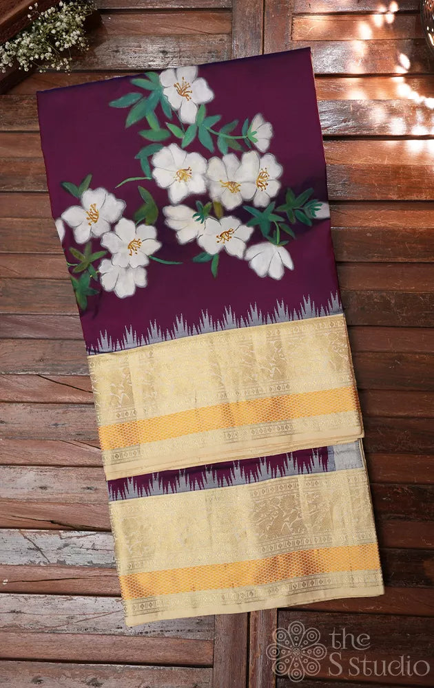 Burgundy colour kanjeevaram silk saree with hand painting