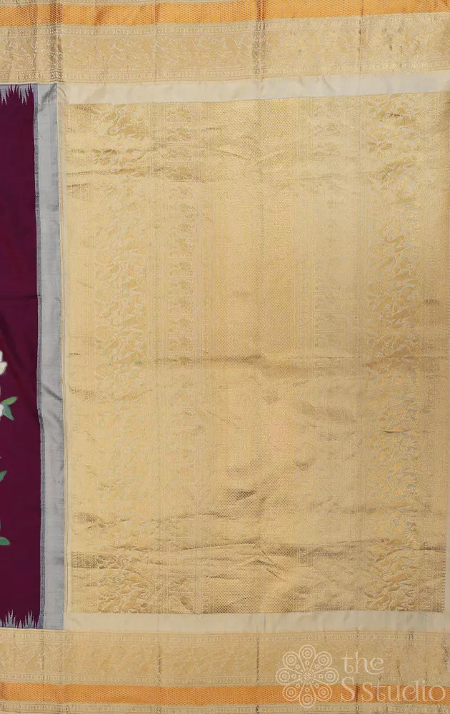 Burgundy colour kanjeevaram silk saree with hand painting