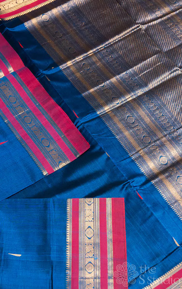 Peacock blue silk cotton saree with maroon zari border
