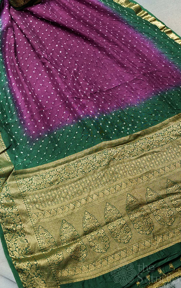 Violet Semi silk hand knotted bandhani saree with zari border
