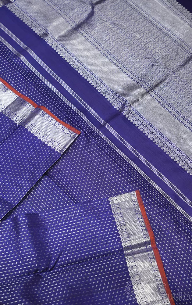 Navy bue kanchipuram silk saree with silver zari buttas