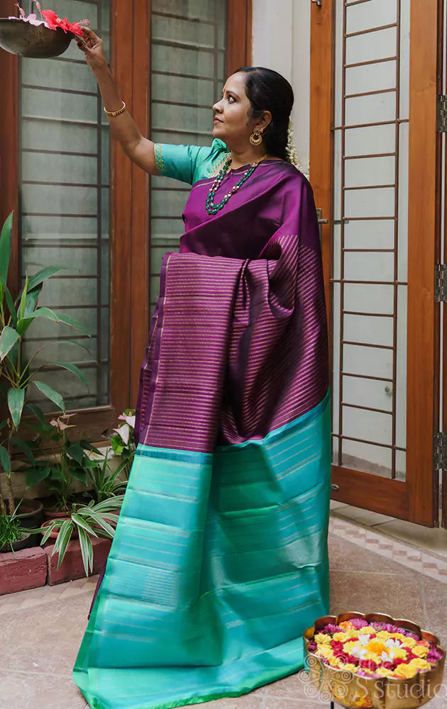 Purple kanchi silk saree with raising border
