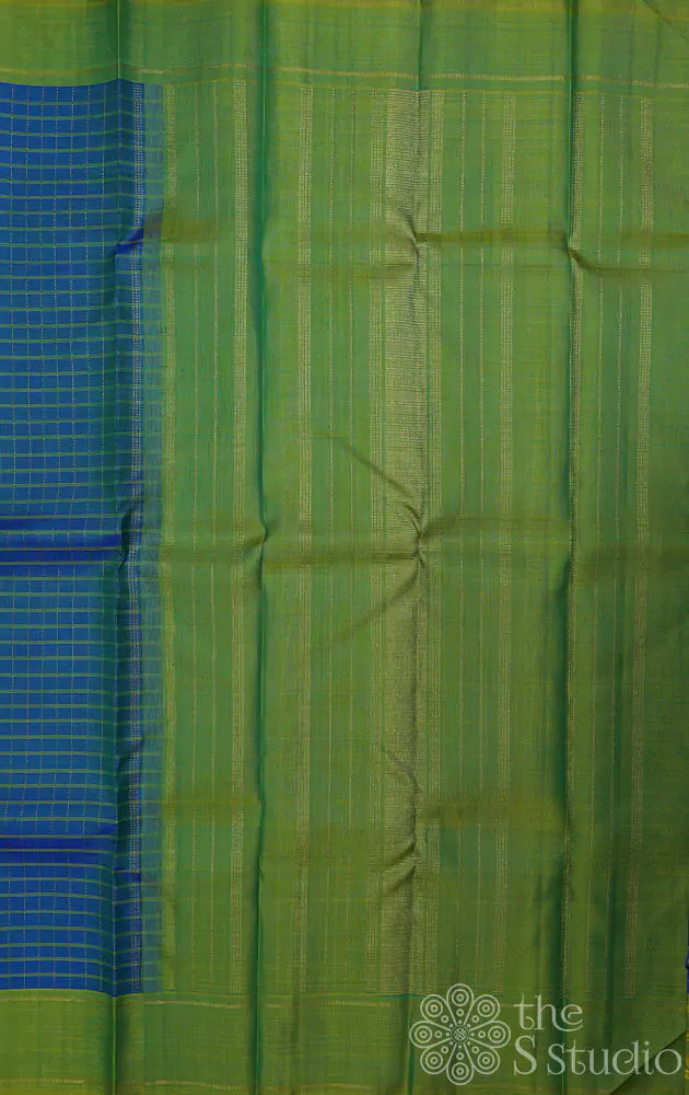 Light peacock blue checked kanchipuram silk saree